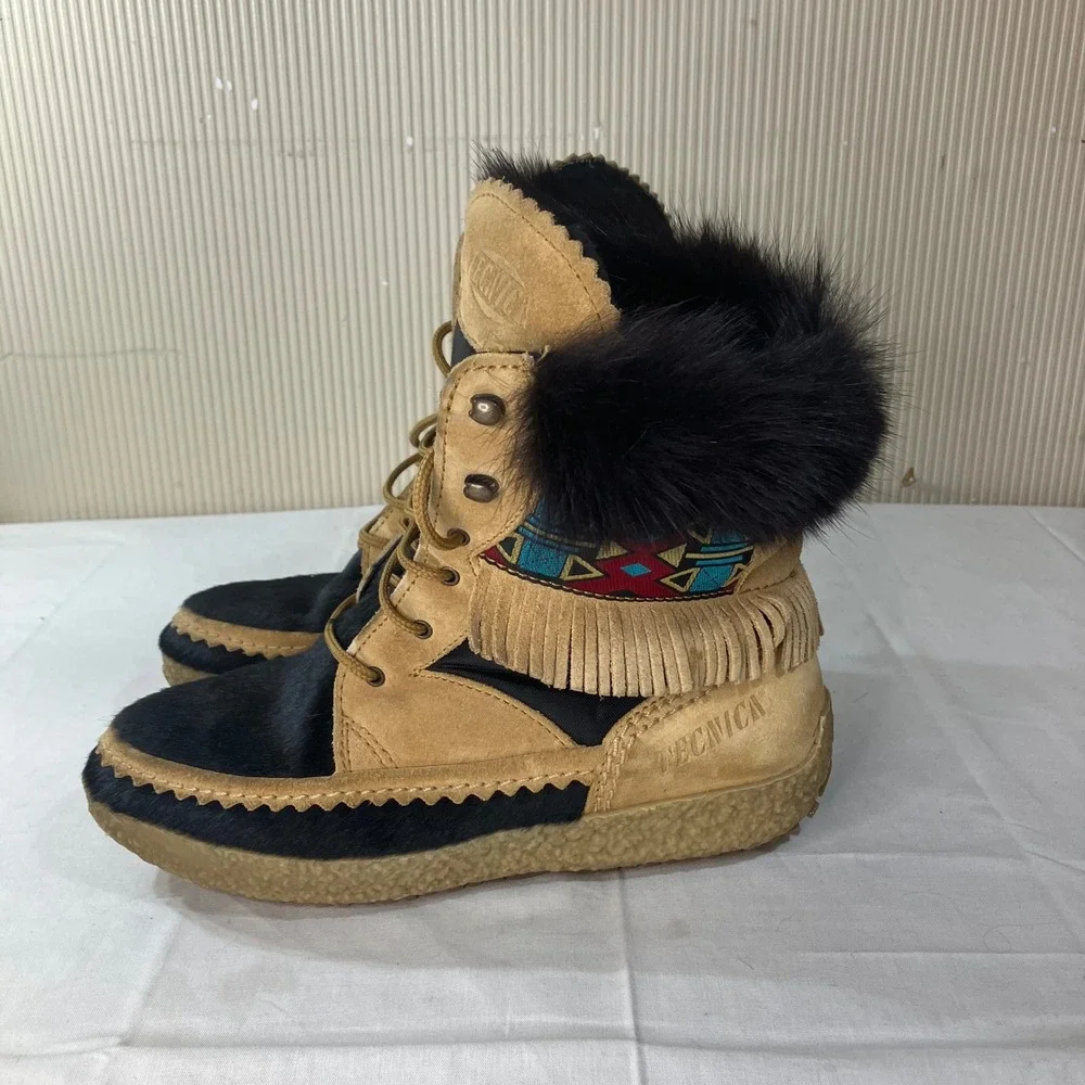Tecnica Moon Boot Moccasin Suede Pony Hair Fringe Apres Ski Boots Womens 38 7.5